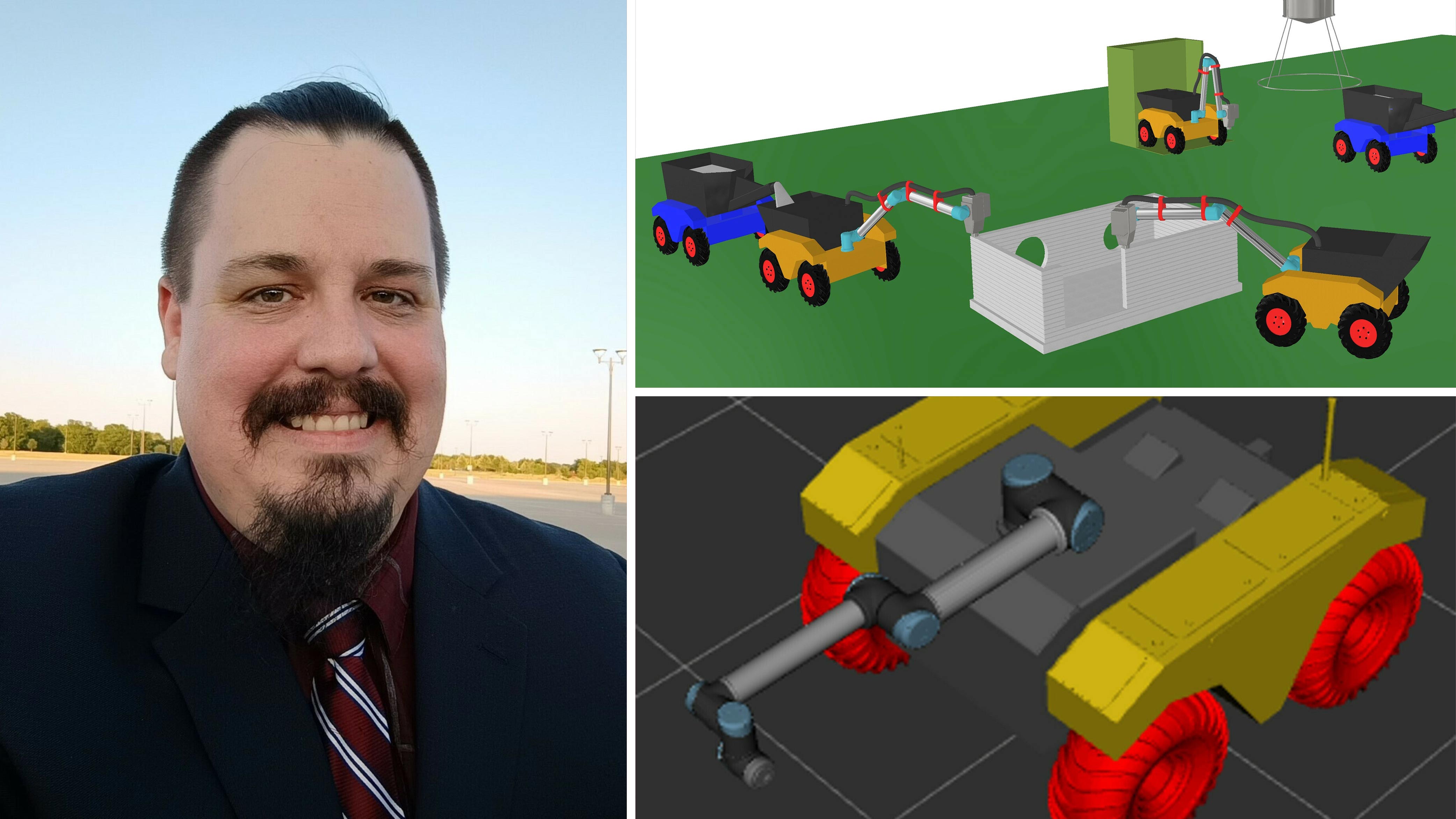 A three-frame collage shows a smiling man wearing a suit and tie looking into the camera, a graphic of a yellow, grey and red autonomous construction vehicle and a graphic of yellow and blue construction machinery on a green background depicting autonomous printing robots building a structure.