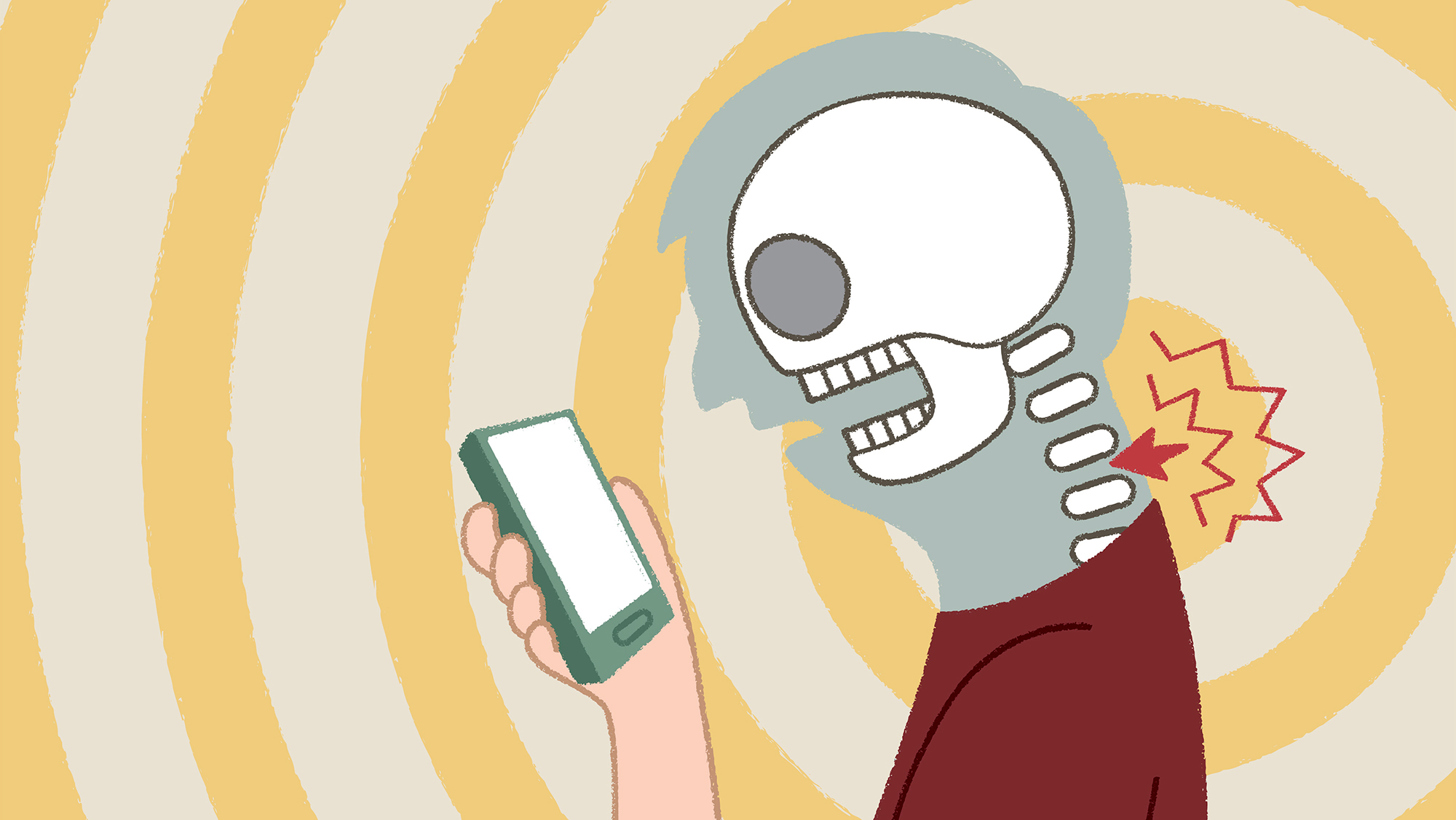 An illustration of a person looking at a phone screen with their skeleton highlighted and an arrow with zigzagging lines showing neck pain.