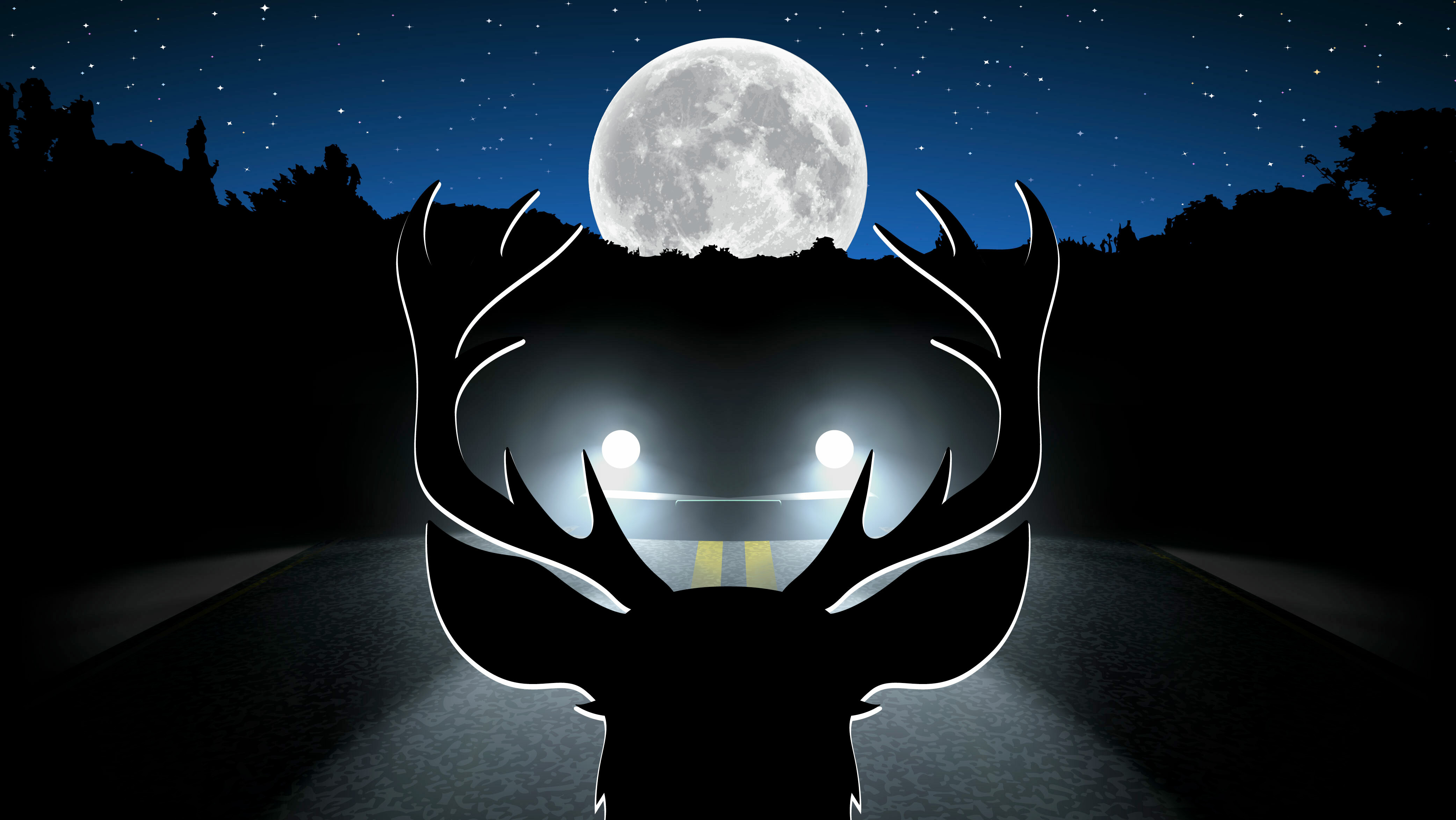 A graphic of a deer in headlights under the full moon.