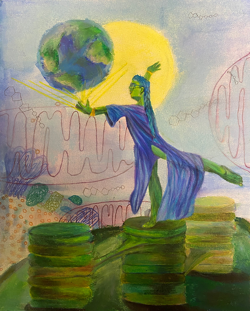 A green, long-haired figure holding a globe with the sun in the background.