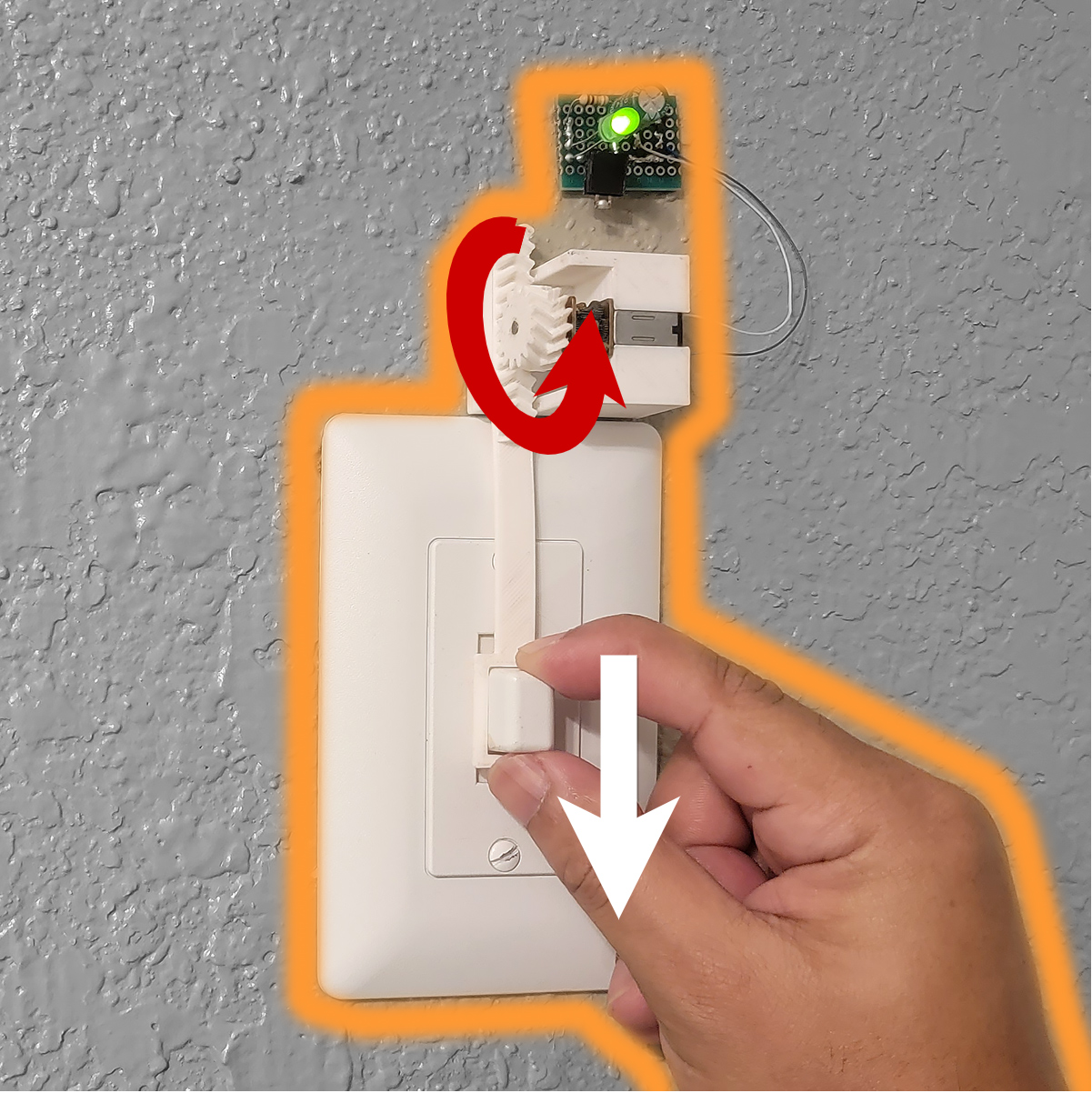 A hand turning a light switch down, triggering a wheel that turns on an LED light.  