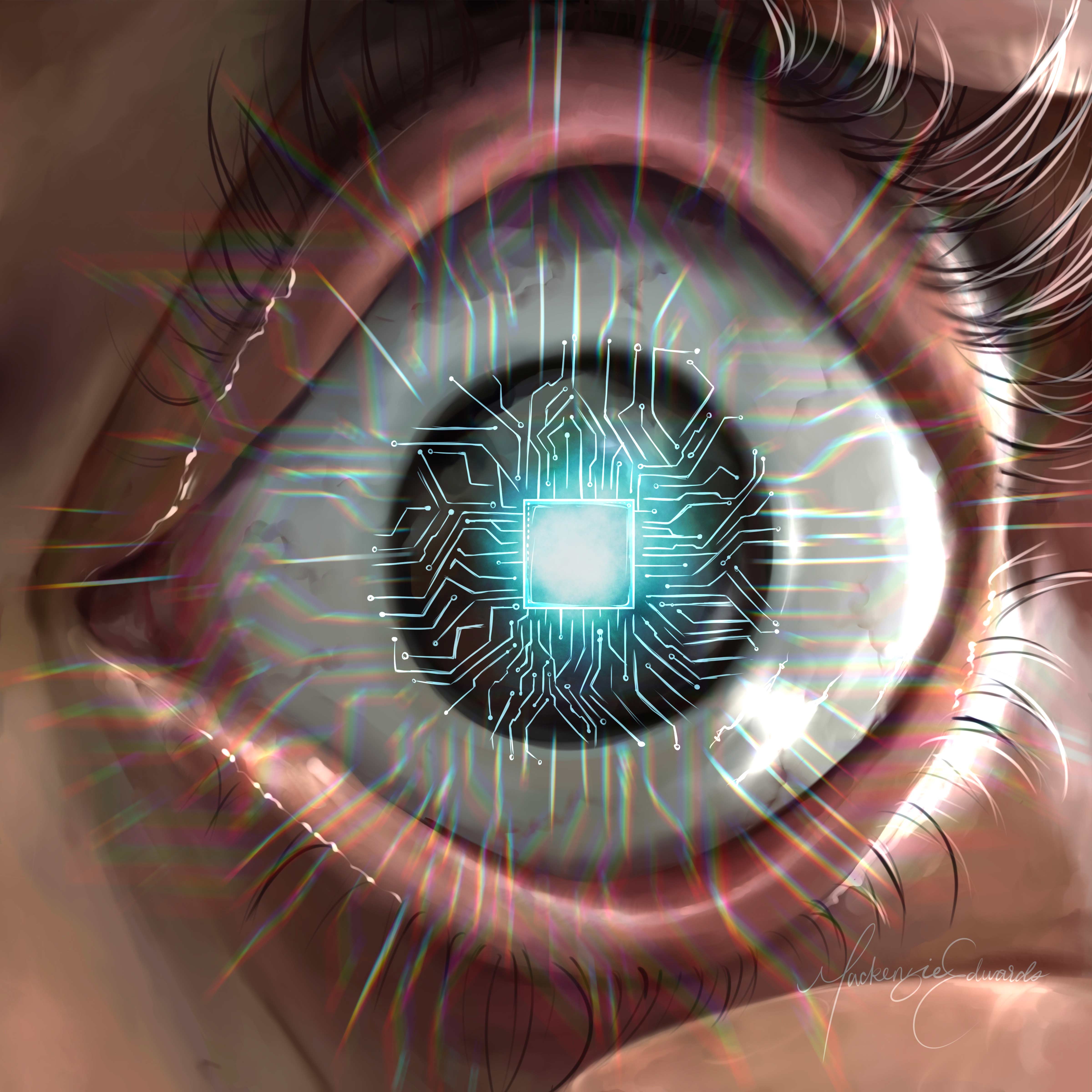 A close-up of an eye overlaid with a microchip. 