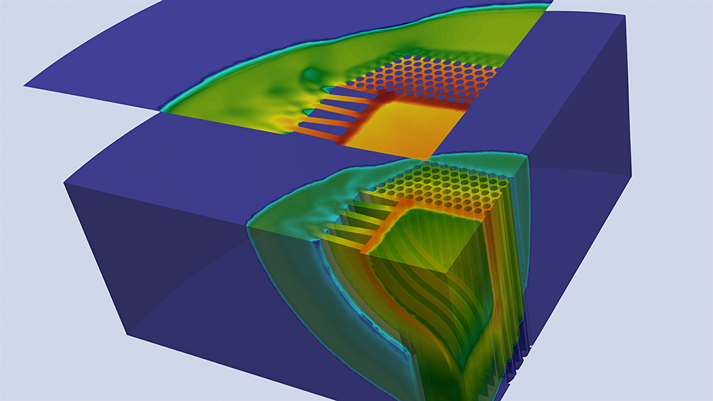 cool-to-warm colored shapes and lines illustrating potential heat sources within a nuclear reactor 