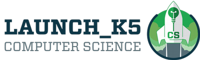 Navy and kelly green logo with the words Launch_K5 Computer Science next to a graphic of a spaceship with a green lightbulb and the letters "CS".